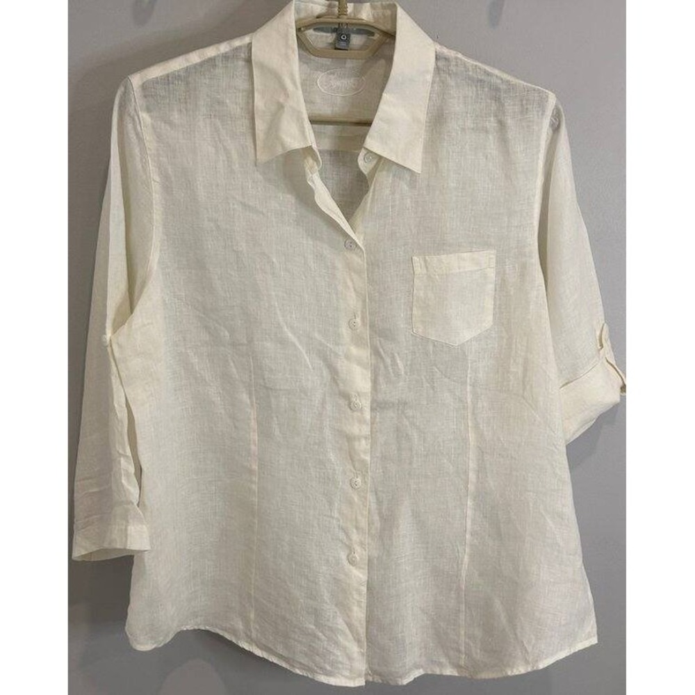 Foxcroft 100% Linen Fitted Button Up Shirt Pocket Roll Tab 3/4 Sleeve White 16